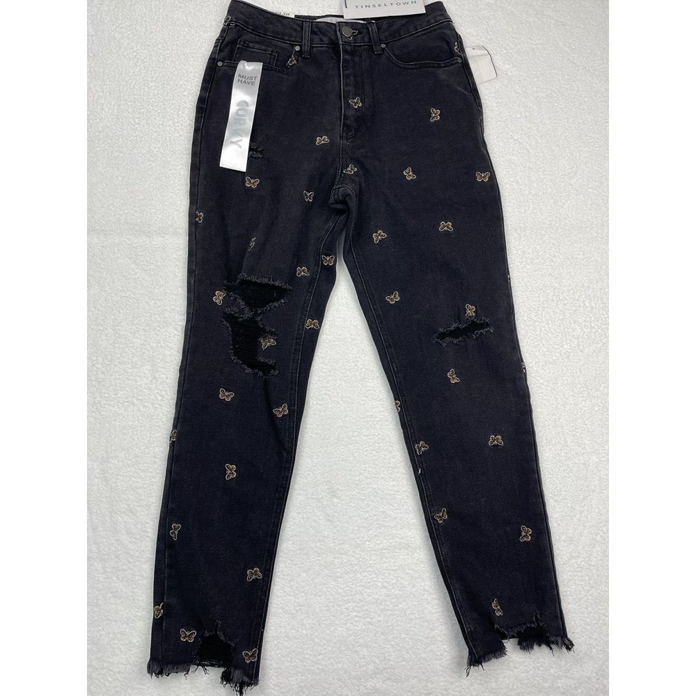 Tinsletown Women Black Denim Butterfly Emb Mom Hi-Rise Ankle Med Wash size 7/28.